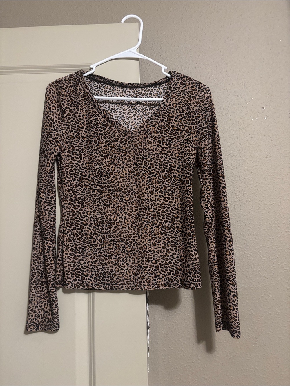 Leopard Print Long Sleeve V-Neck Top - Brown/Black